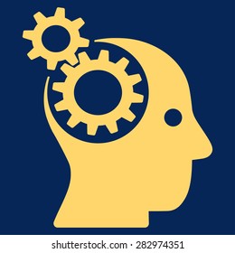Brainstorming icon. Style: flat symbol, yellow color, rounded angles, blue background.