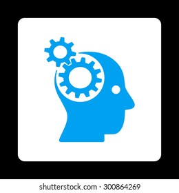 Brainstorming icon. Vector style is blue and white colors, flat rounded square button on a black background.