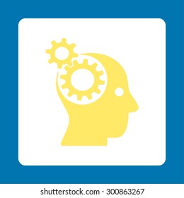 Brainstorming icon. Vector style is yellow and white colors, flat rounded square button on a blue background.