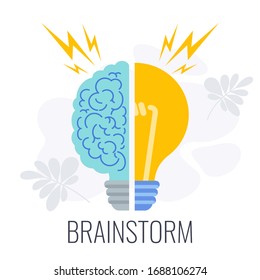 Brainstorming-Symbole. Halb Gehirn, halb Lampe. Kreative Technik für die Erzeugung von Ideen, neue Lösungen. Strategie, Management und Marketing. Geschäftskonzept und Metapher. Flache Vektorillustration.