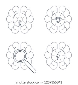 Brainstorming icons set. Brain with lightbulb, diamond, loupe, thunderbolt flash