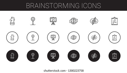 brainstorming icons set. Collection of brainstorming with strategy, creative process, brand. Editable and scalable brainstorming icons.