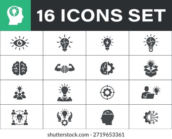 Brainstorming Icons Set. Including Idea, Creativity, lightbulb, brain, gear, imagination, thinking, 
innovation, problem solving, knowledge. Vector solid icons