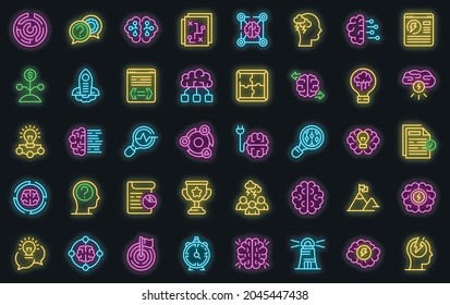 Brainstorming icons set. Outline set of brainstorming vector icons neon color on black