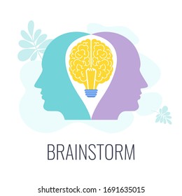 Brainstorming icons. Two heads, one brain. Creative technique for generating ideas, new solutions. Strategy, management and marketing. Business concept and metaphor. Flat vector illustration.