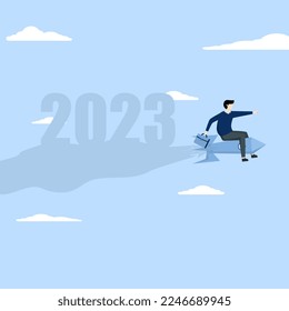 brainstorming idea concept, New Year 2023 with rocket launch creative, Inspirational business plan, marketing strategy, team work, Vector illustration.