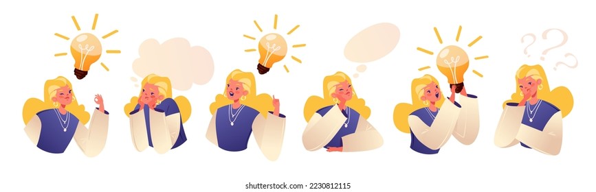 Brainstorming, concepto de idea. Conjunto de caracteres emocionales muchacha trabajando en la idea brillante, concepto de encontrar solución, pensamiento, bombillas como símbolo de soluciones conocimiento, proceso de creatividad.