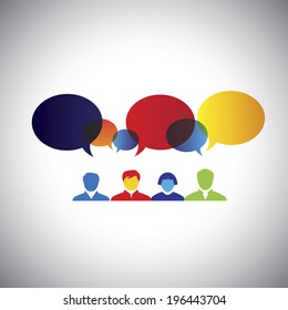 brainstorming, idea creation meeting, friendship - concept vector. This graphic illustration can also represent executives & employees meeting, chat, interaction & communication, imagination