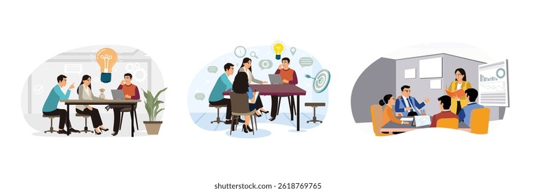 Brainstorming, idea discussion concept. Men and women with laptops discussing business project or task. Teamwork, collaboration, communication. Flat vector illustration set.
