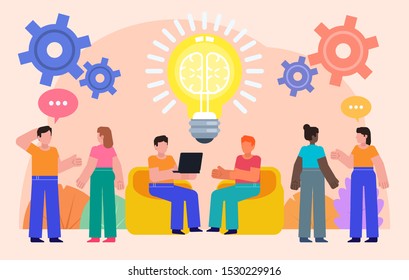 Brainstorming, idea generation process, teamwork concept. Group of people stand near big idea light bulb. Poster for social media, web page, banner, presentation. Flat design vector illustration