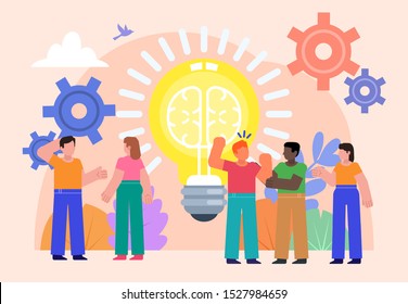 Brainstorming, idea generation, startup concept. Group of people stand near big light bulb. Poster for social media, web page, banner, presentation. Flat design vector illustration