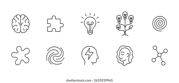 Brainstorming, idea line icon set - creative, problem-solving, innovation symbols