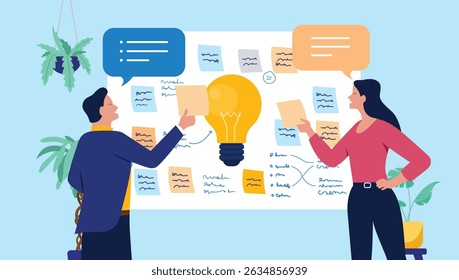 Brainstorming idea people - Two people in workshop using sticky notes working on ideas and innovation solving problem with new approaches. Flat design business vector illustration graphic