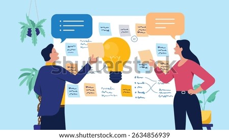 Brainstorming idea people - Two people in workshop using sticky notes working on ideas and innovation solving problem with new approaches. Flat design business vector illustration graphic
