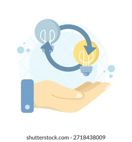 Lluvia de ideas e intercambio de ideas ilustración que muestra el intercambio de conocimientos y una bombilla brillante. Adecuado para la creatividad, el trabajo en equipo, la innovación y el diseño moderno de Vector plano.