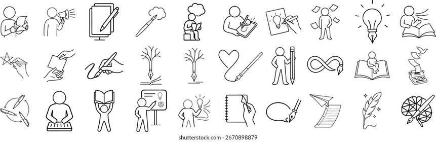 Paquete de iconos de lluvia de ideas y trazo de idea. Iconos de contorno editables con bombilla, pensamiento, innovación, libro y proceso creativo.