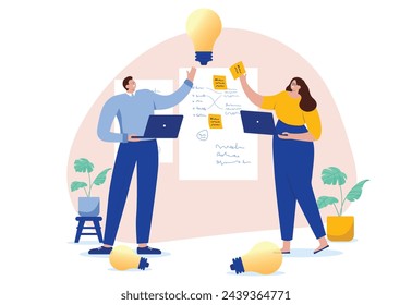 Brainstorming and idea workshop - Two people working on whiteboard with sticky notes coming up with great idea for business. Creative project concept in flat design cartoon style vector illustration