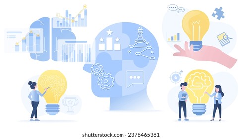 Conjunto de colección de ideas de lluvia de ideas. Cabeza realista humana con icono objetivo en el centro, plan de estrategia, pensamiento táctico, aprendizaje, resolución de problemas y gestión. Ilustración de diseño de vector plano.