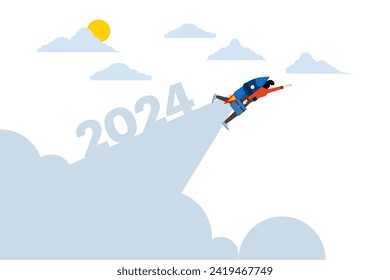 brainstorming ideas concept, New Year 2024 with creative rocket launch, inspirational business plan, marketing strategy, teamwork, Flat Vector illustration on white background.