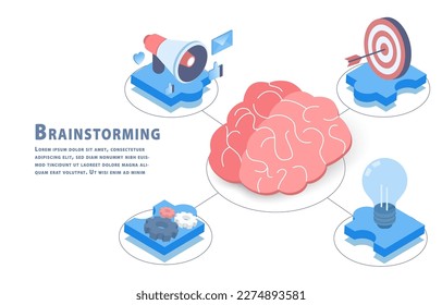 Brainstorming ideas. Icon target, bulb light, gear, megaphone symbol on jigsaw puzzle. It focuses on connecting the brain with planning, management, and development to solve problems. 