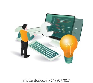 brainstorming ideas with a light bulb glowing above him, symbolizing innovation in maintenance programming