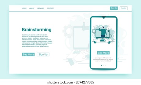 Brainstorming.New ideas and projects.People use an internet connection to work together.Website and mobile application template.