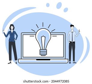 Brainstorming.New ideas, search for new projects,joint intellectual work.People on the background of a laptop and a light bulb.Flat vector illustration.