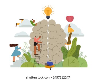 Brainstorming illustration - little people storming brain in different ways - tiny men and women going for the solution - flat vector illustration