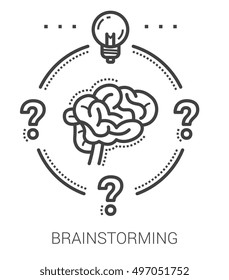 Brainstorming infographic metaphor with line icons. Project brainstorming concept for website and infographics. Vector line art icon isolated on white background.