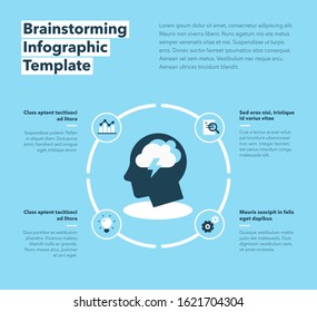 Brainstorming infographic template with head as a main symbol and place for your content - blue version. Flat design, easy to use for your website or presentation.