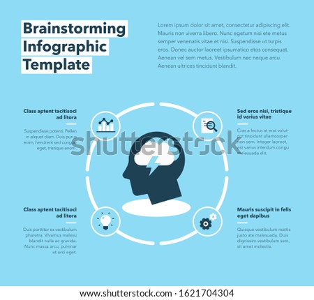 Brainstorming infographic template with head as a main symbol and place for your content - blue version. Flat design, easy to use for your website or presentation.