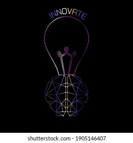 Lluvia de ideas, innovación, concepto de ideas en el arte de línea multicolor. Bombilla y contornos cerebrales contra un fondo oscuro. Innovar texto.