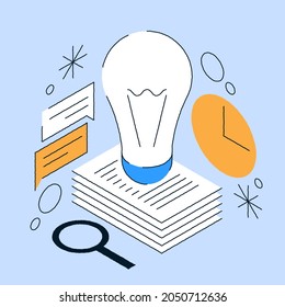 Brainstorming innovation idea concept vector isometric illustration. Outline light bulb lamp generate creative thinking over stack of paper sheets. Imagination invention analyzing solution startup