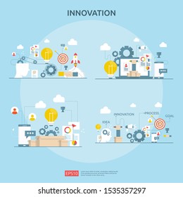 brainstorming innovation idea process and creative thinking concept with light bulb lamp for start up business project. illustration set for web landing page, banner, presentation, social media, print