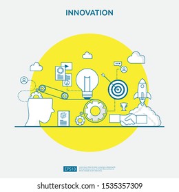 brainstorming innovation idea process and creative thinking concept with light bulb lamp for start up business project. illustration for web landing page, banner, presentation, social media, print.