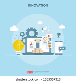 brainstorming innovation idea process and creative thinking concept with light bulb lamp for start up business project. illustration for web landing page, banner, presentation, social media, print.