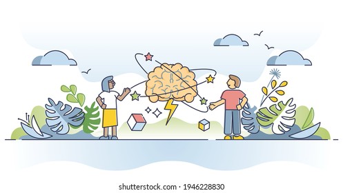 Brainstorming innovations and new creative idea generation process outline concept. Solution thinking and mind intelligence teamwork with business discussion vector illustration. Communication scene.
