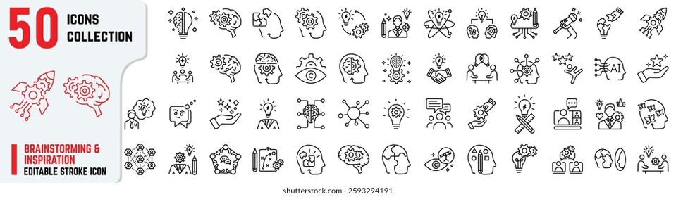 Brainstorming and inspiration editable stroke icons set featuring creativity, ideas,  innovation, strategy, problem-solving, lightbulb, design, thinking,  collaboration, solution, and motivation