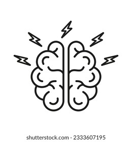 Brainstorming, Intellectual Process Symbol. Brainstorm Line Icon. Human Brain with Lightning Linear Pictogram. Think about Creative Idea Outline Sign. Editable Stroke. Isolated Vector Illustration.