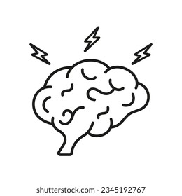 Brainstorming, Intellectual Process Symbol. Brainstorm Line Icon. Human Brain with Lightning Linear Pictogram. Think about Creative Idea Outline Sign. Editable Stroke. Isolated Vector Illustration.