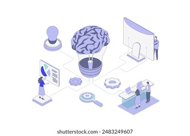 Brainstorming isometric concept in outline isometry design for web. People thinking and generating new ideas, searching success innovations, inspirations and creative solutions. Vector illustration.