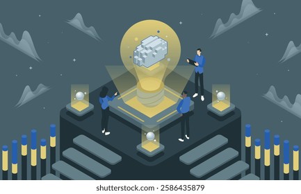 Brainstorming isometric concept. Vector illustration of business idea with brain in a bulb, With teamwork becoming the foundation for a successful startup.