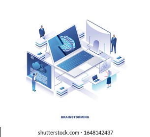 Brainstorming isometric landing page. Concept of creative business thinking or idea creation with tiny people standing around giant laptop computer with brain on screen. Modern vector illustration.