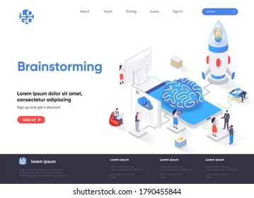 Brainstorming isometrische Landungsseite. Innovationslösung, Erstellung von Geschäftsideen und Einführung einer neuen Isometrie-Webseite für Startprojekte. Website flache Vorlage, Vektorgrafik mit Menschen Zeichen.