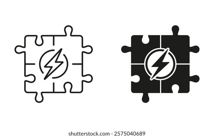 Brainstorming, Jigsaw Combination, Find Solution Line and Silhouette Icon Set. Teamwork Strategy Outline Sign. Editable Stroke. Isolated Vector Illustration.