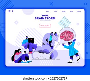 Brainstorming landing page vector template. Corporate strategy planning website header UI layout with flat illustration. Creative thinking and imagination web banner flat concept