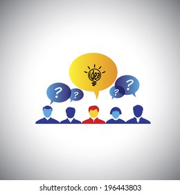 brainstorming, leader & leadership, winner with idea - concept vector. This graphic illustration can also represent executives & employees meeting, successful, boss with ideas, winning strategy