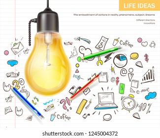 Brainstorming life ideas realistic vector concept. Light bulb and hand drawn on notebook lined sheet by color pencils sketch with various doddles illustration. Creativity, inspiration in work concept