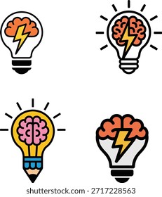 Lluvia de ideas con bombillas que presentan diversas ideas, soluciones, innovación, pensamiento, concepto, creatividad, inteligencia e inspiración brillante.