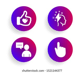 Brainstorming, Like hand and Users chat icons simple set. Halftone dots button. Hand click sign. Lightning bolt, Thumbs up, Communication concept. Location pointer. People set. Vector